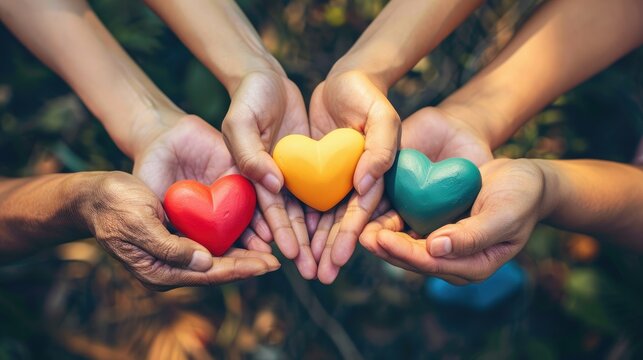 People of different ages and races holding colorful heart-shaped objects in the palm of their hands, symbolizing unity, love, and care for one another. AIG535