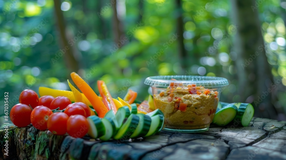 Poster crunchy veggies and a container of hummus make for a refreshing and healthy snack break enjoyed amid