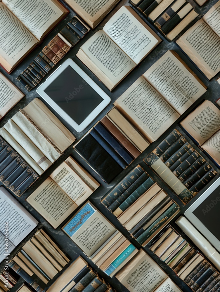 Poster an overhead view of various tablets, e-readers, and stacks of traditional books, showcasing the mode