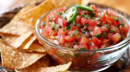 Homemade salsa bursting with fresh tomatoes cilantro and jalapeno is paired perfectly with crispy tortilla chips for a flavorful snack.