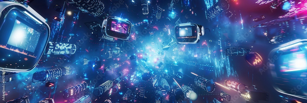 Poster a captivating image depicting vr headsets and ar glasses floating amidst a mesmerizing digital lands