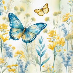  Watercolor illustration of yellow and blue butterflies flying among wildflowers