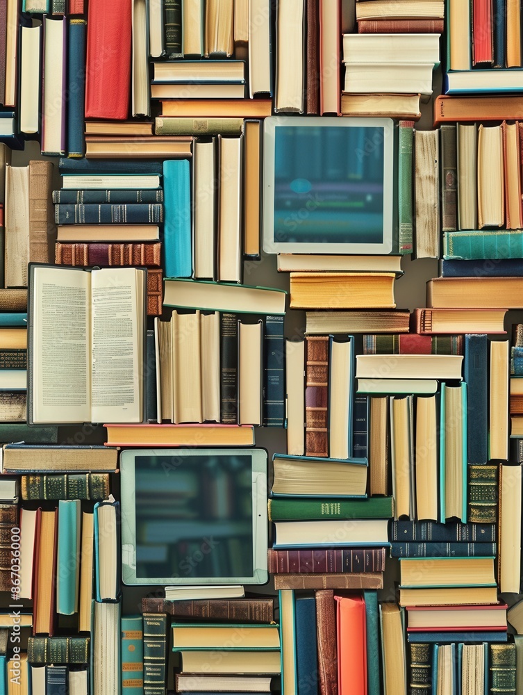 Poster Tablets and e-readers display educational materials and e-textbooks, showcasing the modern and digital learning experience. Generative AI