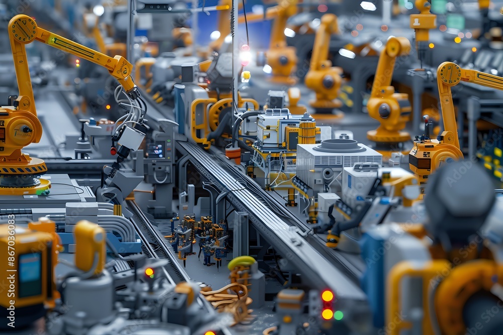 Poster automated robotic arms working in a smart factory. concept of industry 4.0, automation, innovation a