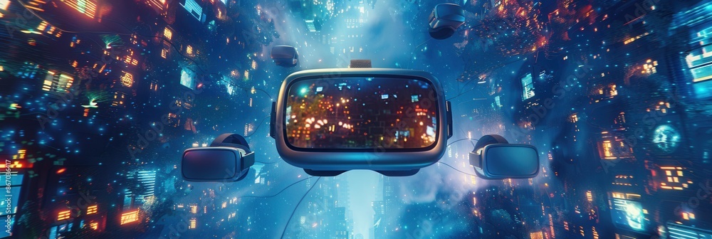 Aufkleber virtual reality headsets and augmented reality glasses float through a vibrant digital world, showca