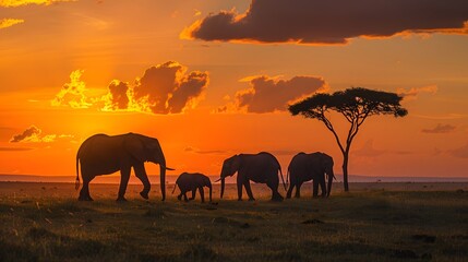Fototapeta premium Elephant Family Silhouetted Against a Spectacular Snset on the Serengeti Plains of Africa. 