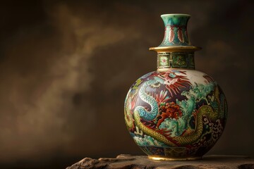 Antique chinese cloisonne vase decorated with colorful dragons and clouds standing on wooden pedestal
