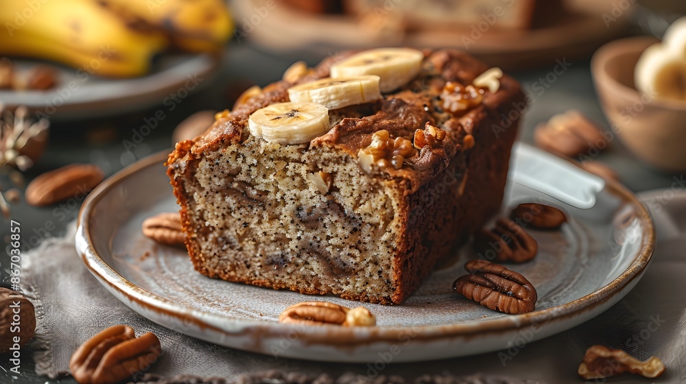 Poster delectable slice of homemade banana bread with visible chunks and nuts on rustic plate