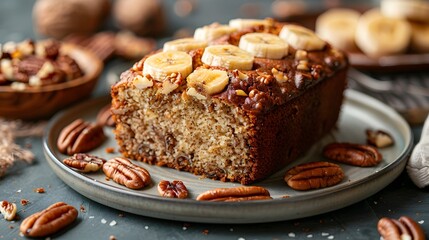 Homemade Slice of Rustic Banana Bread with Toasted Nuts on Wooden Plate