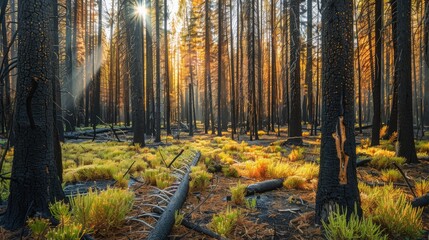 Fototapeta premium Forest Restoration After Wildfires Charred Trees and Vibrant Undergrowth