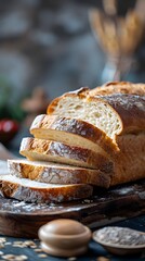Freshly Sliced Classic White Sandwich Bread Loaf on Wooden Background with Copy Space