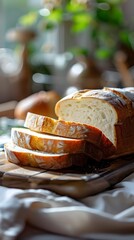 Freshly Sliced Classic White Sandwich Bread with Baked Pastries on Rustic Wooden Surface