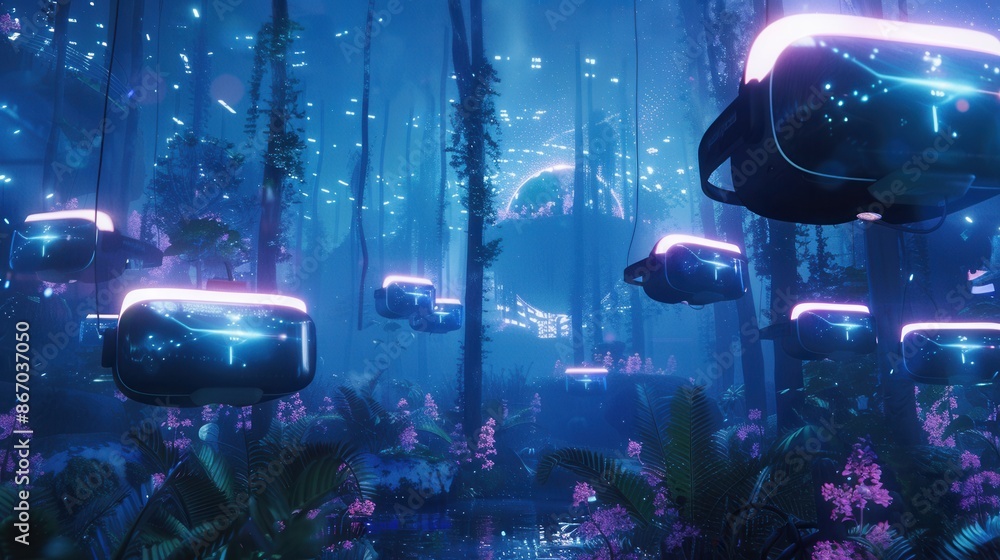 Poster a surreal scene of vr headsets floating in a digital forest, showcasing the immersive nature of virt