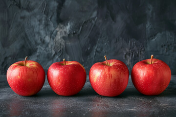 Four ripe fuji apples being line up with concrete background. Generative AI
