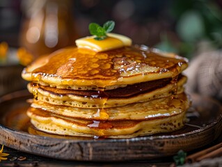 A Delectable Stack of Fluffy Pancakes Topped with Butter and Maple Syrup on a Rustic Wooden Table