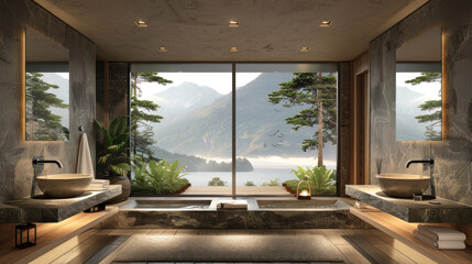 Fototapeta premium Modern bathroom interior design with two sinks, bathtub, and large windows overlooking mountains and lake. Luxury spa bathroom with minimalist design and natural elements.
