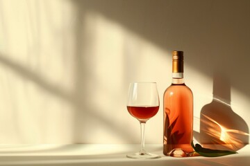 Rose wine bottle and glass standing on white table and casting shadows on beige background
