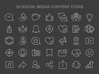 Social Media Content icons set. Array of digital engagement and network interaction icons.