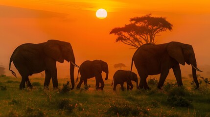 Fototapeta premium Elephant Family Silhouetted Against a Spectacular Snset on the Serengeti Plains of Africa. 