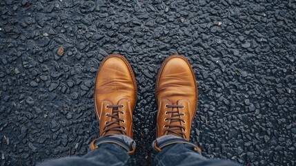 Man s feet in boots on asphalt with blank space for text