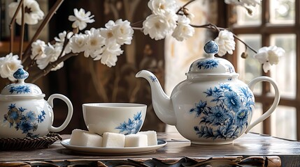 Elegant tea set with floral designs, including teapot, two cups, and sugar bowl on a table.
