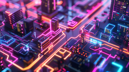 Obraz premium Exploring a Neon-lit Street Map with Cyberpunk Elements