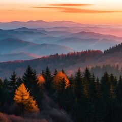 Obraz premium Vibrant Autumn Sunset over Picturesque Mountain Range with Serene Atmosphere