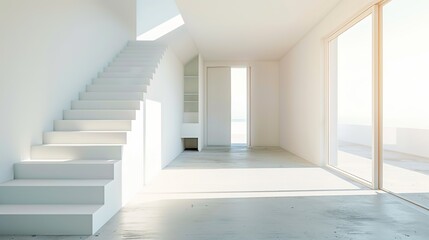 Obraz premium Tranquil Minimalist Interior with Sunlit Staircase and Open Doorway