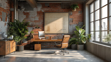 Industrial loft style home office with brick wall, large windows, wooden desk and leather chair, interior design inspiration.