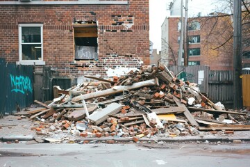 Demolition Debris Piled High in Front of a Brick Building