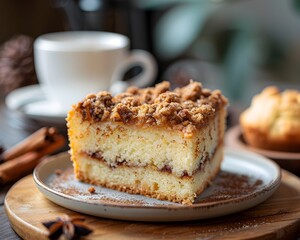 Delectable Cinnamon Streusel Coffee Cake with Inviting Artisanal Baked Bread and Pastries on a Rustic Table