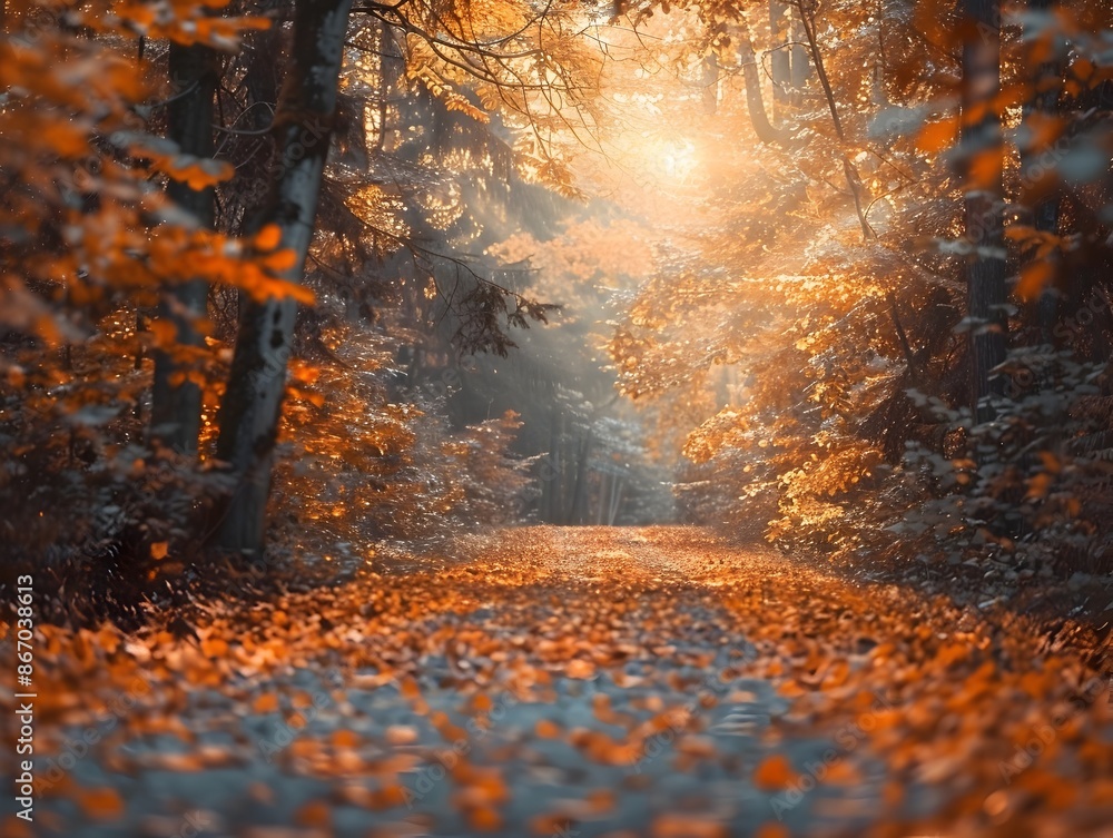 Poster enchanting autumn forest path with warm sunlight filtering through trees