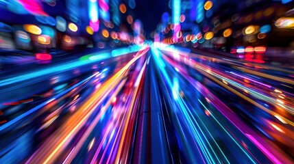 High-speed urban traffic on a city street during evening rush hour, with car headlights and busy night transport captured through motion blur lighting effects and abstract long exposure photography.