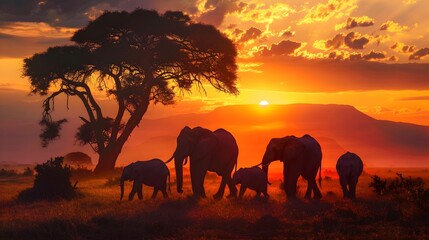 Obraz premium Elephant Family Silhouetted Against a Spectacular Snset on the Serengeti Plains of Africa. 