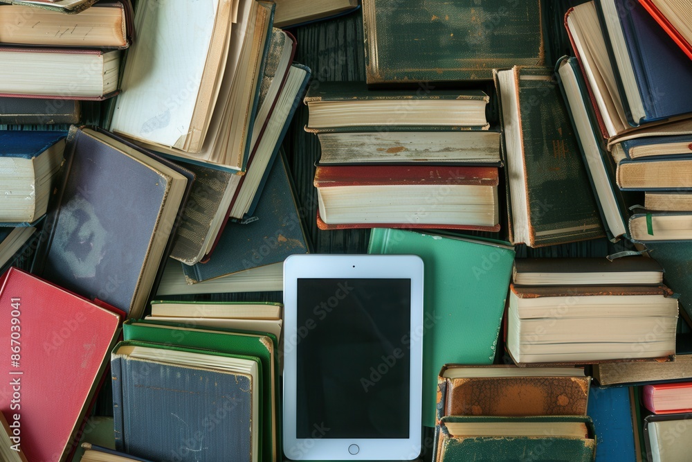 Fototapete a tablet rests amongst a stack of traditional books, representing the shift towards digital learning