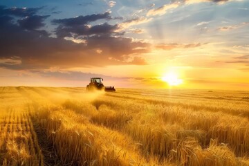 Fototapeta premium Tractor Working in a Golden Field at Sunset