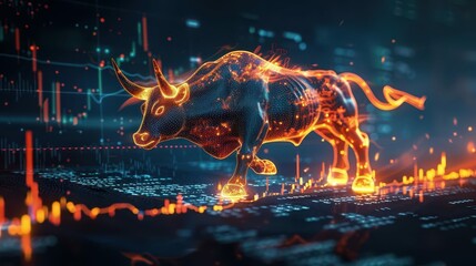 majestic fire sculpture of a charging bull emerging from a glowing computer screen surrounded by rising stock charts and cryptocurrency symbols creating a dramatic scene of financial power