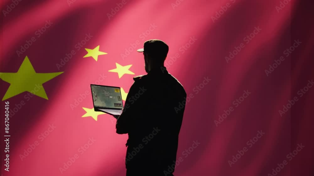 Poster chinese air defense operator using radar system on laptop to detect intercontinental ballistic missi