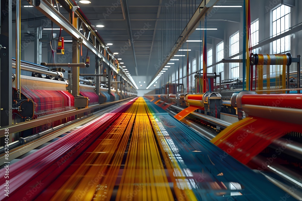 Poster modern textile factory with automated weaving looms. production line in motion manufacturing colorfu