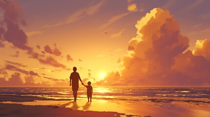 Fototapeta premium ビーチを歩いている親子のシルエット、夕日9