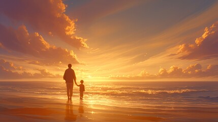 ビーチを歩いている親子のシルエット、夕日11