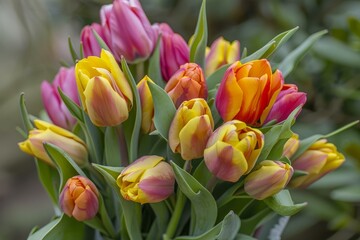 Beautiful bouquet of yellow, orange and pink tulips blooming in spring garden