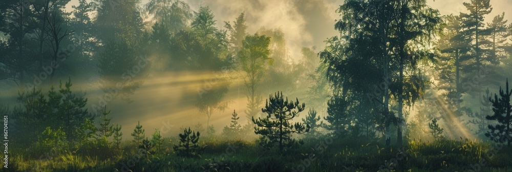 Poster a picturesque view of a forest at dawn with a misty lake, creating a serene and natural environment.