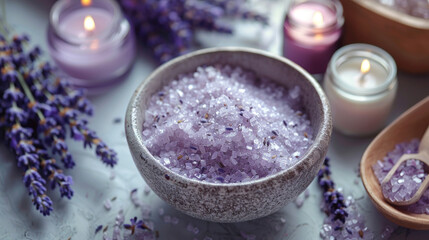 Lavender bath salt with candles and flowers. Aromatherapy, spa treatment, self care, relaxation and luxury  concept.