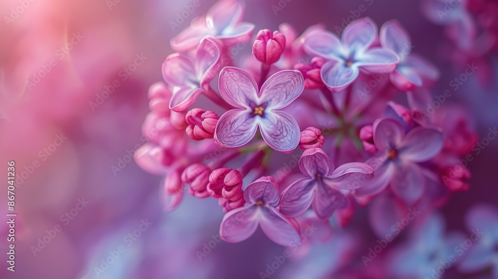 Canvas Prints Close-up of delicate pink and purple lilac flowers blooming in spring. Macro shot of floral buds with soft light and bokeh effect.