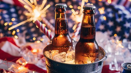 Two chilled beer bottles in an ice bucket, surrounded by the American flag and fireworks rockets, perfect for a backyard Fourth of July party