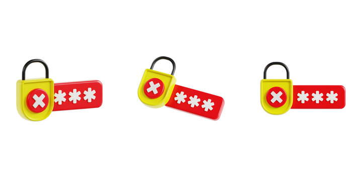 3d Wrong Password, protection and security 3d icon set, transparent background