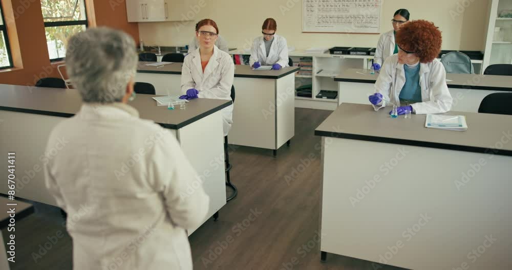 Poster university, science question and teacher with students in classroom for learning, education and chem