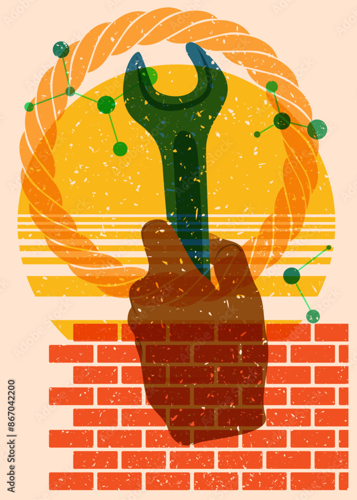 Poster risograph wrench in hand with geometric shapes. objects in trendy riso graph print texture style des