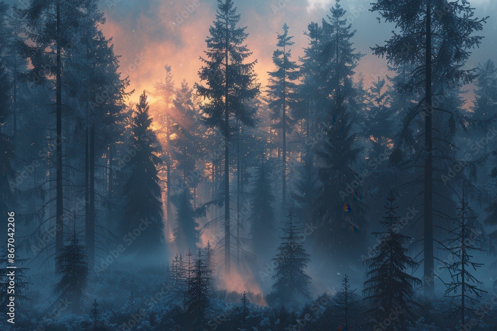 Poster a serene and mystical forest landscape at dawn, with sun rays illuminating the trees and mist creati